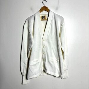 Dehen Cardigan Sweater Mens 46 XL White Solid Vintage Shawl Collar Knit USA Made